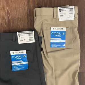 NEW Lot 2 Haggar Cool 18 Pro 36x31 Tan & Charcoal Pleated Classic 4 Way Stretch